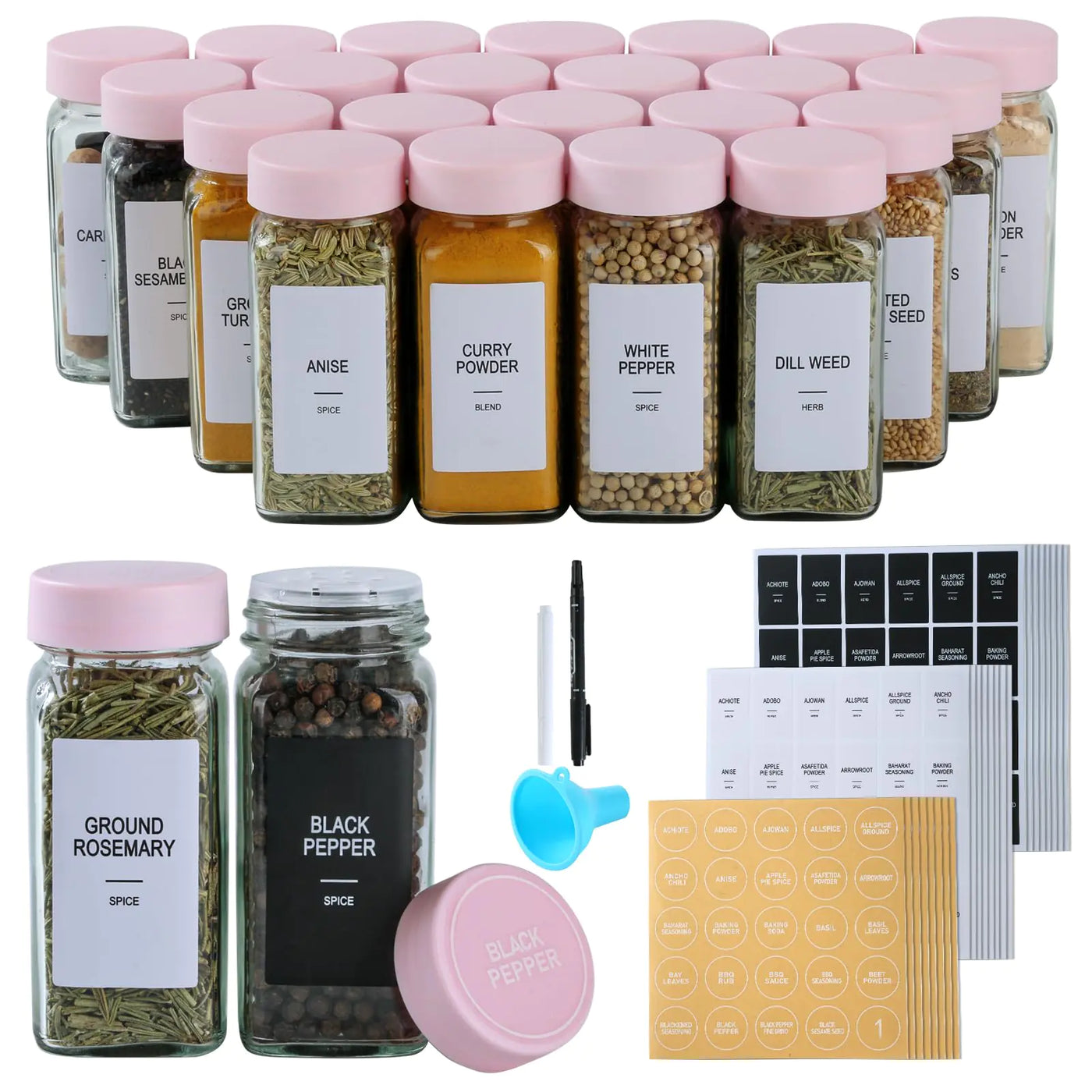 48 Glass Spice Jars Set with Labels – 4oz
