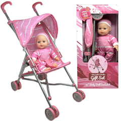 12" Baby Doll & Foldable Stroller Set – Pink