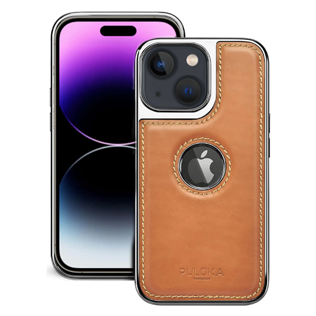 PULOKA for iPhone 14 Case - Premium Vegan Leather - Classic & Elegant Look - Logo Cutout - Soft Non-Slip Grip - Electroplated Chrome Edges - Protective Bumper Cellphone Cases for Apple (Beige)