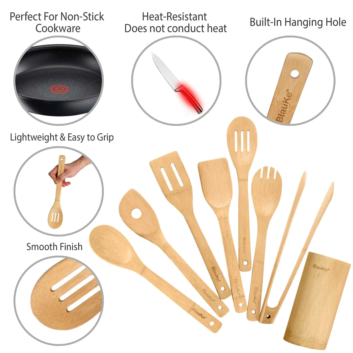 8-Pack Bamboo Kitchen Utensils Set with Holder