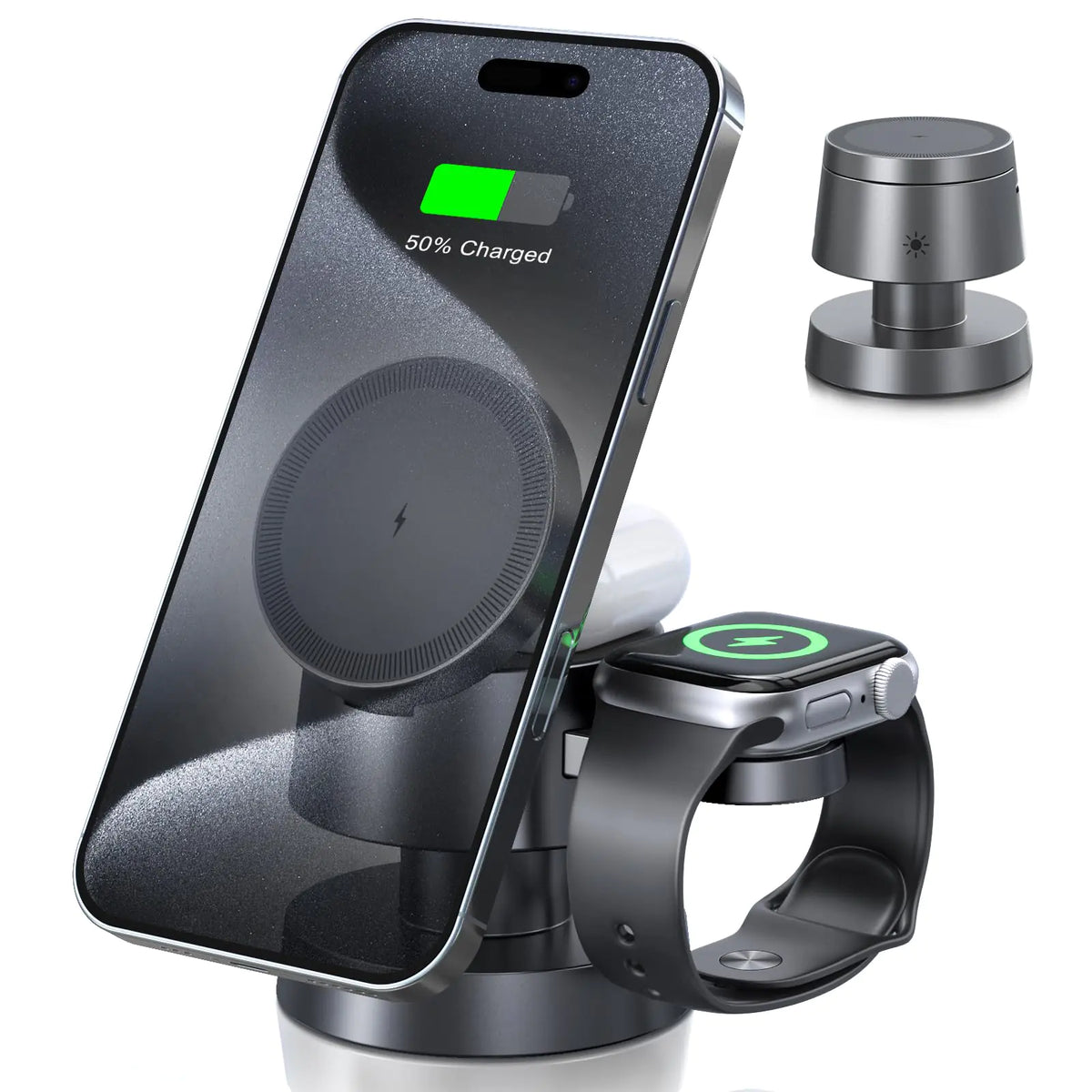 Wireless Phone Charger with Night Light: Foldable 3 in 1 Dock Fast Charging Station for iPhone & Airpods & Apple Watch Portable Wireless Chargers Compatible to Multiple Magsafe Devices