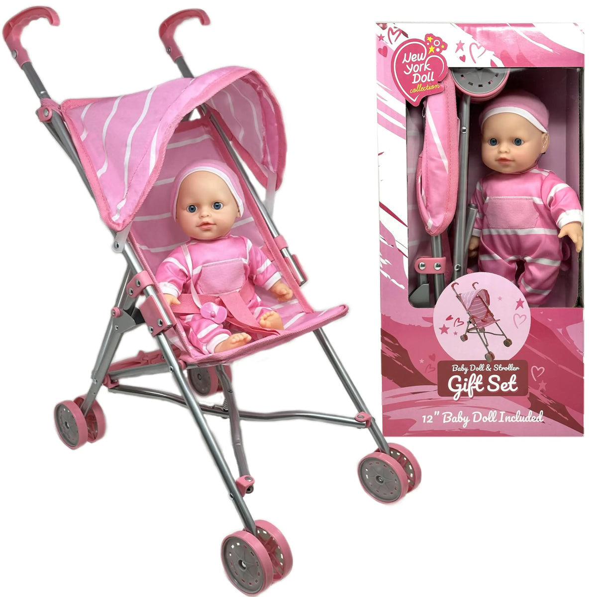 12" Baby Doll & Foldable Stroller Set – Pink